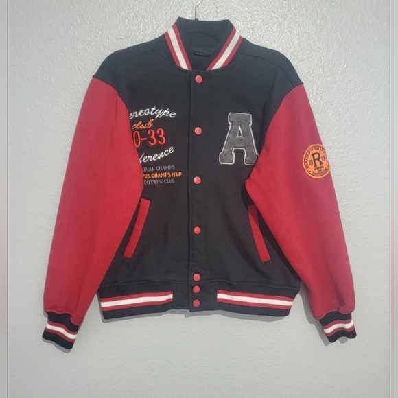 Riflessi Juniors Varsity Fleece Bomber Jacket S Snapped Black/ Red Cotton Blend - Picture 1 of 16